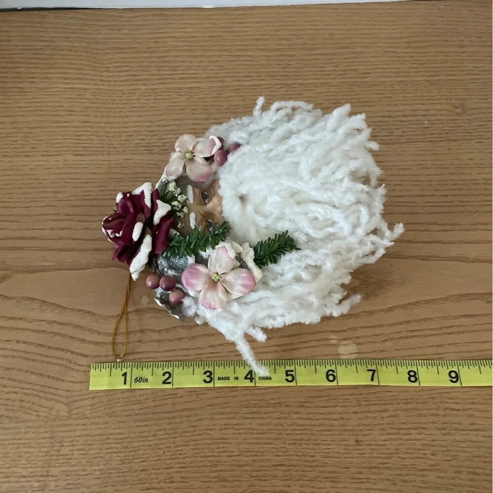 Vtg Santa Face Head Christmas Ornament Yarn Beard Pink Mauve Flowers Expressive